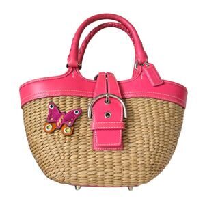 Coach Butterfly Patch Wicker/Straw and Leather Trim  Double Handle Tote Bag